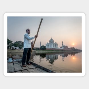 Man Punting Boat on Yamuna River with Taj Mahal Sticker